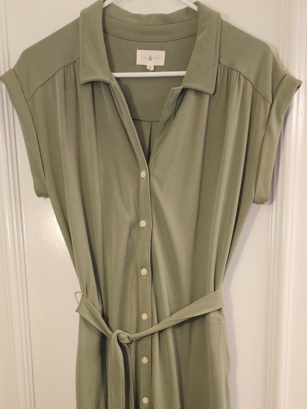 Lou & Grey Olive Green Button Front Belted Midi Shirt Dress, XS